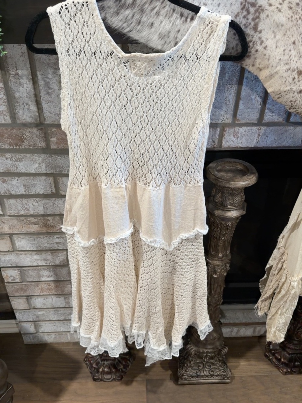 POL Cream Crochet Lace Boho Tunic Dress Medium Shabby Chic Western